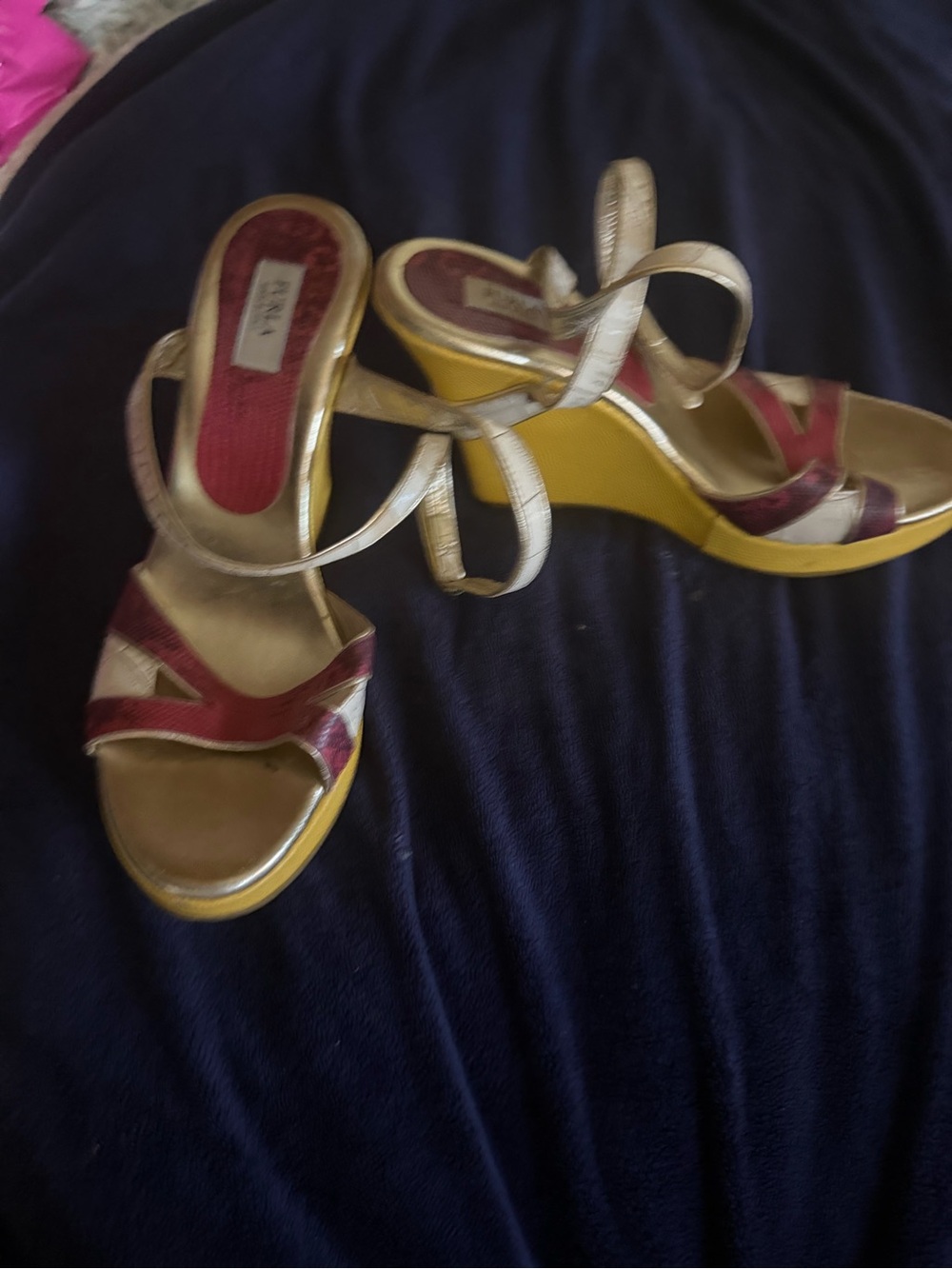 Furla Gold and Burgundy Strappy Wedge Sandals